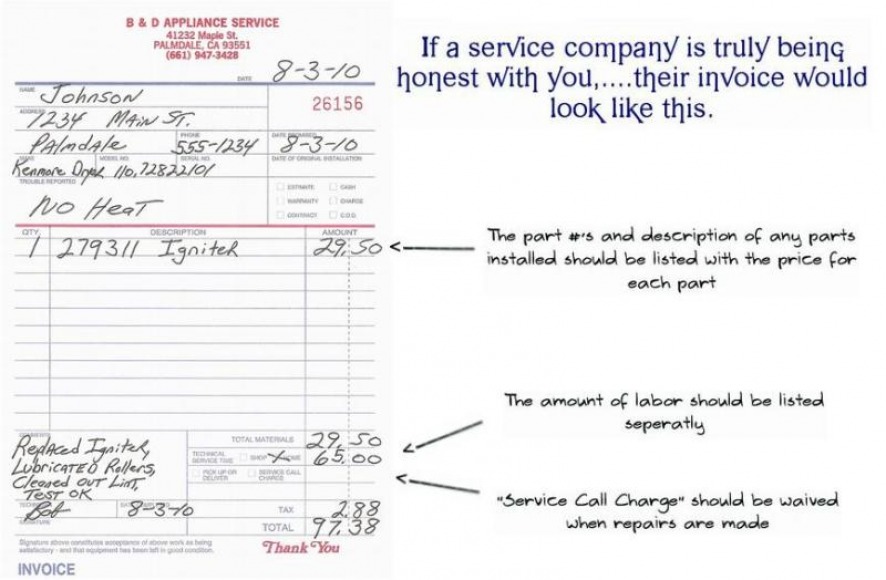 B&D Appliance Repair Invoice